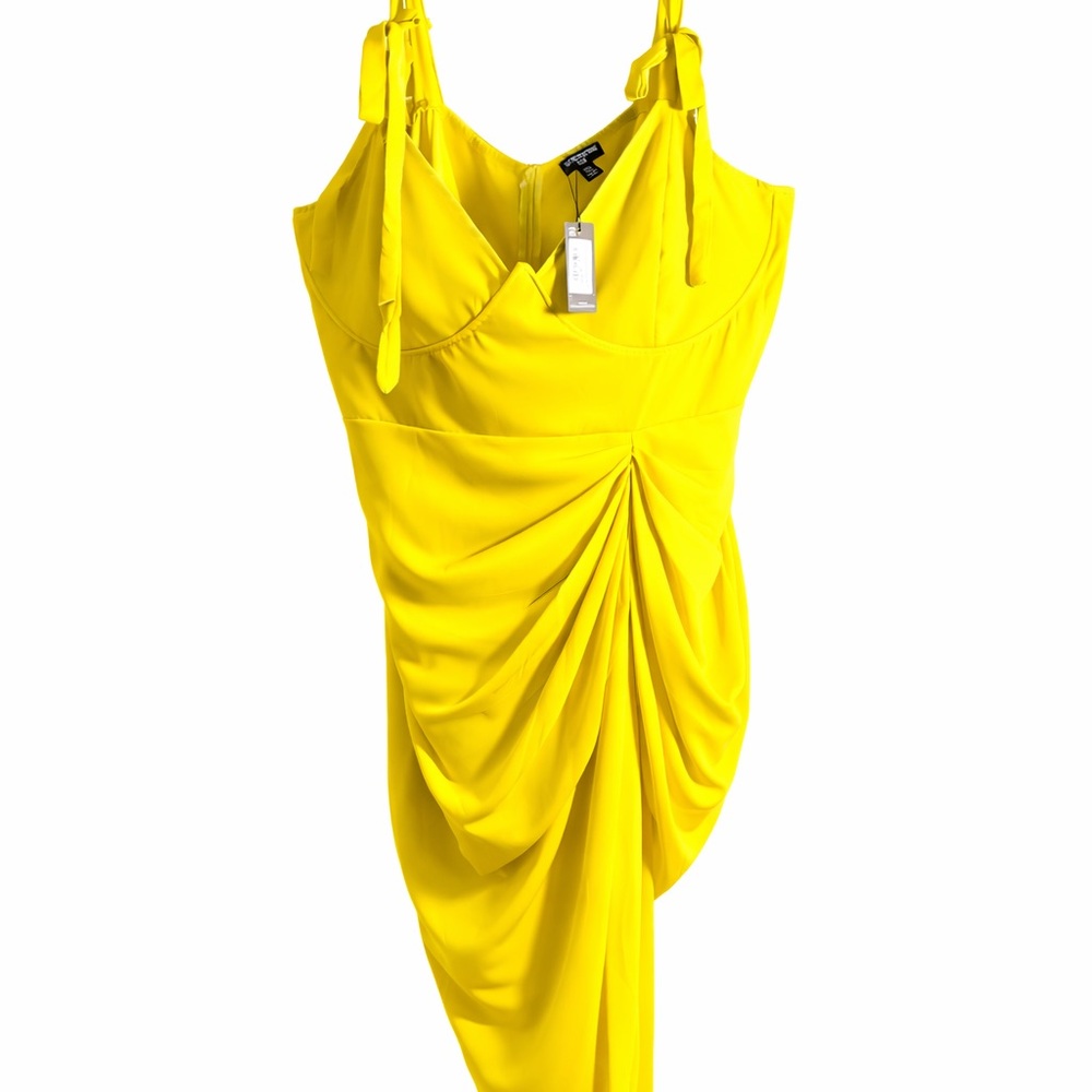 PrettyLittleThing Bright Yellow Ruched Tie-Shoulder Mini Dress